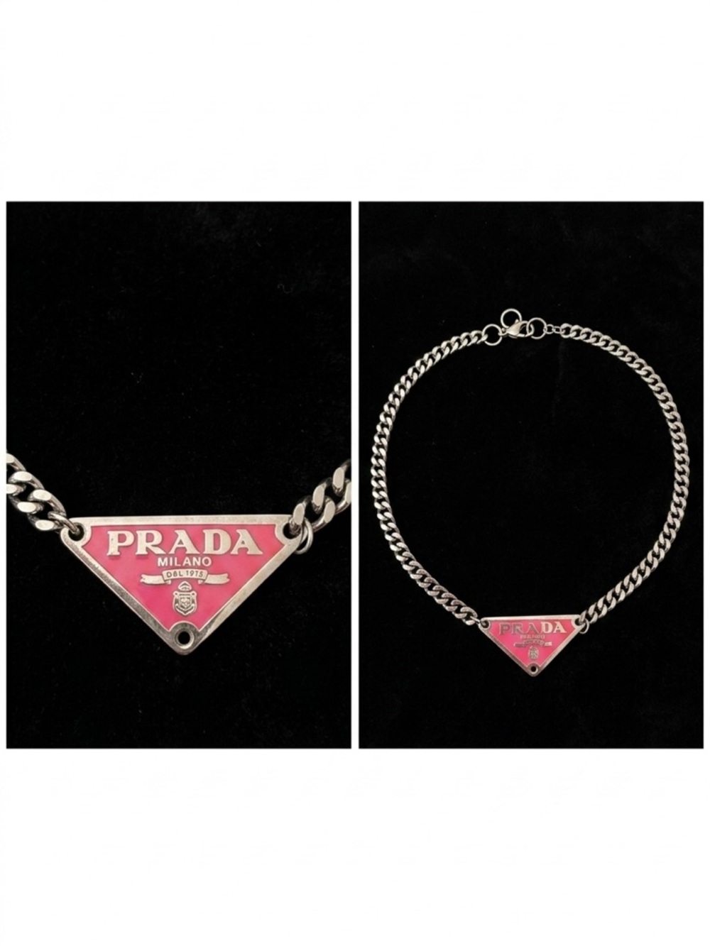 Repurposed Prada Pink Triangle Logo Chain Necklace